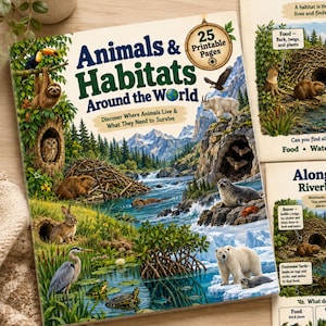 May include: A set of educational printable pages titled Animals & Habitats Around the World, What Is a Habitat, High in the Trees, Along the River, and Habitat Detective. The pages feature colorful illustrations of various animals and their environments.