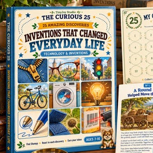May include: A book titled The Curious 25 Inventions That Changed Everyday Life, featuring a grid of illustrations, an open activity book with numbered circles, and a circular badge with a lightbulb graphic and the text The Curious 25.