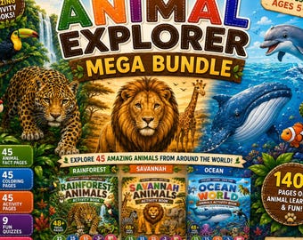 Animal Activity Book Bundle for Kids Ages 5-10 | 45 Animals, Coloring Pages, Facts, Quizzes & Activities | Rainforest Ocean Savannah