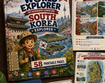 South Korea Explorer Workbook for Kids | Geography Activity Book Ages 6-9 | Seoul, Jeju & Hangul | Printable PDF | World Explorer Series