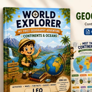 Może przedstawiać: 55-stronicowa książka przygodowa o geografii zatytułowana World Explorer, zawierająca rysunkowego odkrywcę, globus oraz strony edukacyjne o kontynentach, oceanach, mapach i zajęciach. Okładka przedstawia krajobraz z górami.
