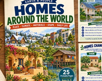 May include: A set of educational activity sheets titled Earth & People Homes Around the World, featuring illustrations of various global housing styles, maps, and comparative exercises for children, with text prompts for analysing climate and materials.