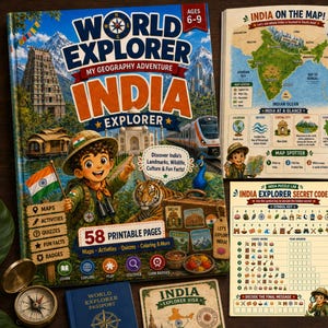 Puede incluir: Un conjunto de libros de actividades de geografía World Explorer India para edades de 6 a 9 años, con 58 páginas imprimibles, pasaporte, visa, rompecabezas de código secreto, página para colorear del Taj Mahal y una brújula.