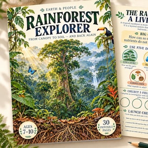 Könnte beinhalten: Ein druckbares Wissenschafts-Arbeitsheft mit dem Titel Rainforest Explorer für 7- bis 10-Jährige, bestehend aus 30 Seiten. Das Cover zeigt einen üppigen Regenwald mit einem großen Baum, einem Tukan und einem Schmetterling. Die Seiten enthalten Diagramme.