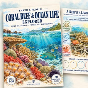 Op de afbeelding: Een printbaar educatief activiteitenboek getiteld Coral Reef & Ocean Life Explorer met een levendige onderwaterscène met kleurrijk koraal, een papegaaivis en zee-egels, naast twee binnenpagina's met wetenschappelijke diagrammen en tekst.