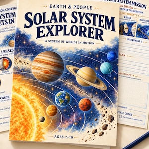 Könnte beinhalten: Ein Solar System Explorer Lernheft mit einer Titelillustration der Sonne und Planeten auf ihren Umlaufbahnen. Die Seiten enthalten Texte wie Earth & People, A System of Worlds in Motion und 27 Printable Pages für Kinder im Alter von 7-10 Jahren.