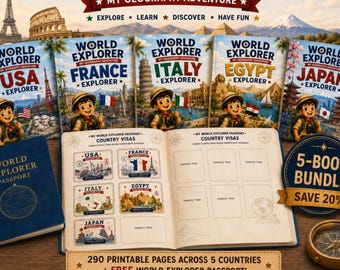 World Explorer Workbook Bundle for Kids | 5-Country Geography Activity Set | France, Japan, Italy, Egypt & USA | Printable PDF Collection