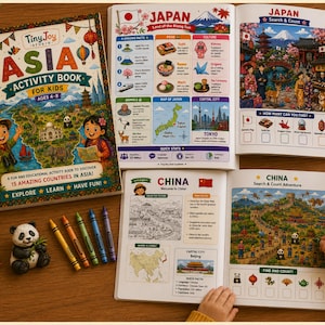 Puede incluir: Un libro de actividades para niños abierto, con ilustraciones coloridas de países asiáticos. El libro está rodeado de crayones, una figura de panda y una taza de té. La portada dice "ASIA ACTIVITY BOOK FOR KIDS AGES 4-8".