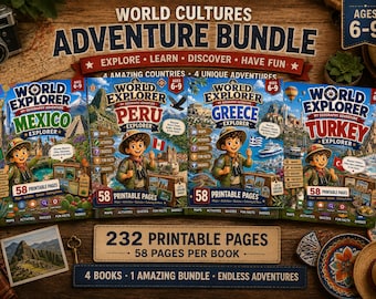 World Cultures Bundle for Kids Ages 6–9 | Mexico Peru Greece Turkey Country Study | Geography Printable Workbook | Homeschool Activities