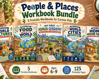 May include: A People & Places Workbook Bundle featuring five printable workbooks for children aged 6-9. The set includes titles World Cultures, Food Around the World, My First Human Geography, World Cities Explorer, and Homes Around the World.