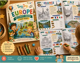 Europe Activity Book for Kids Ages 4-7 | Printable Educational Travel Book | Flags, Fun Facts, Coloring Pages PDF