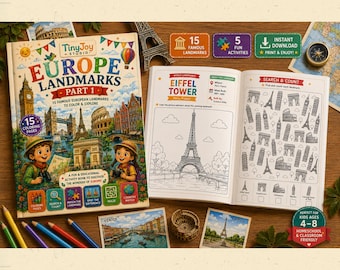 Europe Landmarks Activity Book Part 1 for Kids | 15 Coloring Pages & 5 Activities | Printable PDF | Geography Learning