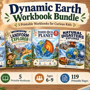 May include: A Dynamic Earth Workbook Bundle featuring five printable workbooks for children ages 6-9, titled My First Weather & Seasons, Landform Explorer, Inside Our Planet, Natural Disasters Explorer, and Changing Earth, totaling 119 printable pages.
