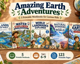 May include: Five printable workbooks titled Amazing Earth Adventures for ages 6-9, featuring colourful illustrations of islands, water, world landmarks, natural wonders, and extreme earth environments, totalling 123 printable pages for curious children.