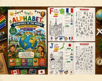 Alphabet Countries of the World Activity Book for Kids, Geography Printable PDF, Letter Tracing A-Z, Homeschool Learning Ages 4-8