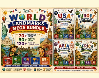 Die Wahrzeichen der Welt Aktivitätsbuch-Bundle für Kinder | USA Europa Asien Afrika Ausmalbilder | Geographie Homeschool PDF