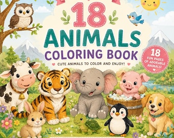 Cute Animal Coloring Book for Kids, Printable Coloring Pages, Toddler Activity Book PDF, Preschool Learning Pages, Instant Download