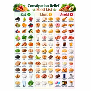 May include: A Constipation Relief Food List chart organized into three columns labeled Eat, Limit, and Avoid. The chart features rows of small food illustrations with text labels, categorizing items by their impact on digestive health and regularity.