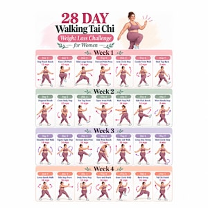Desafio de 28 dias de caminhada e tai chi para emagrecimento feminino, tabela de exercícios para imprimir, programa de 4 semanas de baixo impacto para equilíbrio e flexibilidade (PNG)