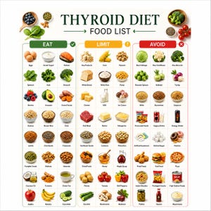 May include: A Thyroid Diet Food List chart organized into three columns labeled Eat, Limit, and Avoid. The chart features rows of small food images with text labels, including eggs, salmon, spinach, broccoli, berries, avocado, grains, nuts, and various vegetables.