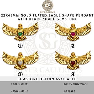 May include: Four gold-plated eagle-shaped pendants measuring 22x45mm, each featuring a central heart-shaped gemstone. The options include green onyx, queen chalcedony, moonstone, and garnet. The text reads 22x45mm gold plated eagle shape pendant.