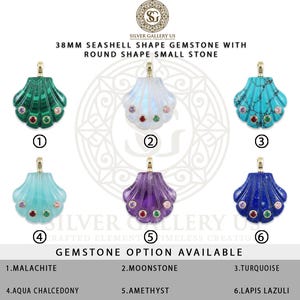 May include: Six 38mm seashell-shaped gemstone pendants with gold-tone bails. Each pendant features three small round stones in pink, red, and green. The gemstones include malachite, moonstone, turquoise, aqua chalcedony, amethyst, and lapis lazuli.