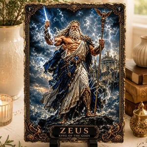Op de afbeelding: Een rechthoekige plaquette met een gedetailleerde illustratie van Zeus die een gloeiende bliksemschicht en een staf met een adelaar vasthoudt. De figuur draagt een blauw en wit gewaad. Onderaan staat in goud ZEUS KING OF THE GODS geschreven.