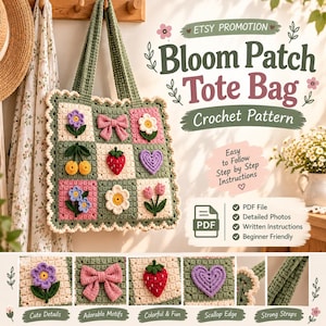 Bloom Patch Tote Bag Crochet Pattern PDF, Floral Granny Square Bag, Cottagecore Crochet Purse, Cute Patchwork Tote DIY, 19 Page Pattern
