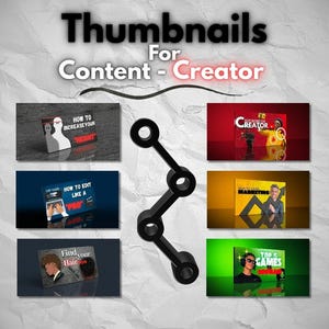 May include: A graphic design display featuring the text Thumbnails For Content-Creator at the top. Six rectangular thumbnail examples are arranged in two columns, flanking a central black, four-holed, zig-zag shaped connector piece.
