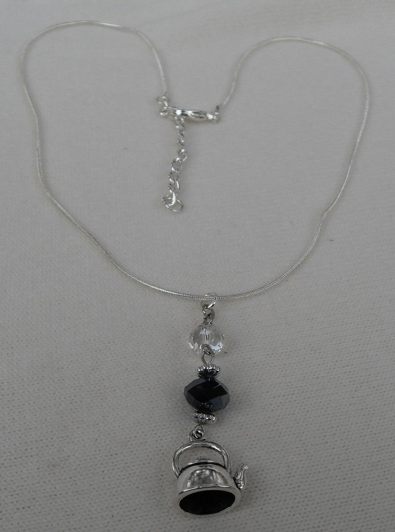 Teakettle Charm Necklace with Czech Aurora Borialis Hematite | Etsy