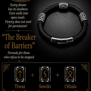 May include: A black braided leather bracelet featuring three silver-toned metal beads engraved with Norse runes. The bracelet includes a polished silver-toned cylindrical clasp. Text on the image includes "Mascots Bracelets," "The Breaker of Barriers," "Tiwaz," "Sowilo," "Othala," and "Buy on Etsy."