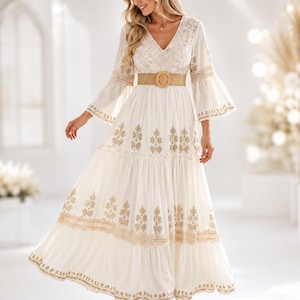 bell sleeve embroidered dress White 3/4 Length Bell Sleeves Round Neck Cotton Short Summer Dress