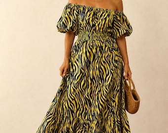 Mustard Zebra Print Linen Maxi Dress or Co-Ord Set | Off sholder maxi |Handmade Resort Wear | Free Pendant Gift