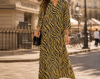 Mustard Zebra Print Linen Maxi Dress or Co-Ord Set | Handmade Resort Wear | Free Pendant Gift