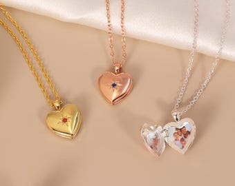 Medallón con foto en forma de corazón y piedra de nacimiento • Collar grabado personalizado • Collar con foto personalizada • Regalo de aniversario en oro de 18 quilates • Regalos conmemorativos