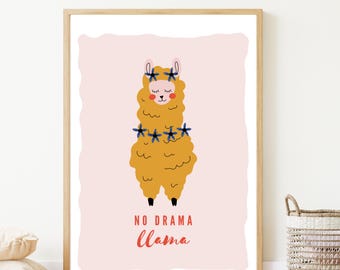 May include: A framed art print featuring a whimsical illustration of a llama. The llama is yellow with blue star-shaped accents and closed eyes. The text "NO DRAMA Llama" is written in red and black below the llama on a pink background.