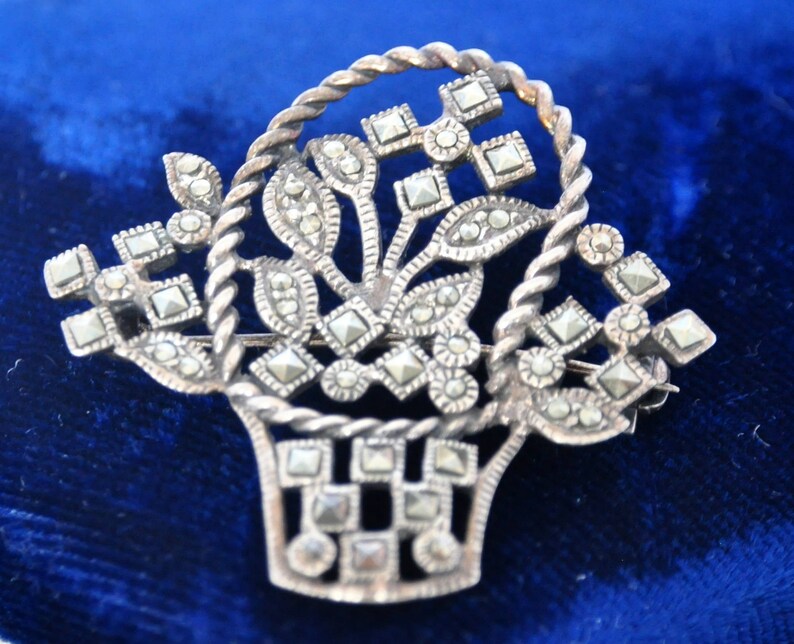 Vintage Sterling Silver Marcasite Flower Basket Brooch Beautiful Floral Design