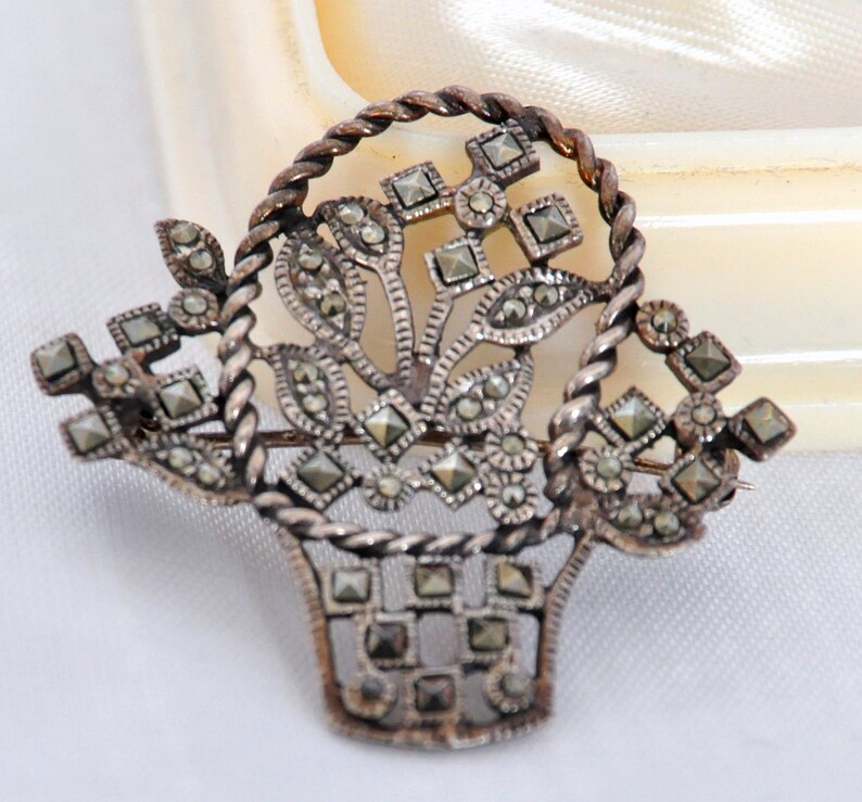 Vintage Sterling Silver Marcasite Flower Basket Brooch Beautiful Floral Design