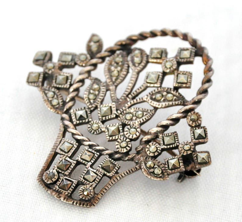 Vintage Sterling Silver Marcasite Flower Basket Brooch Beautiful Floral Design