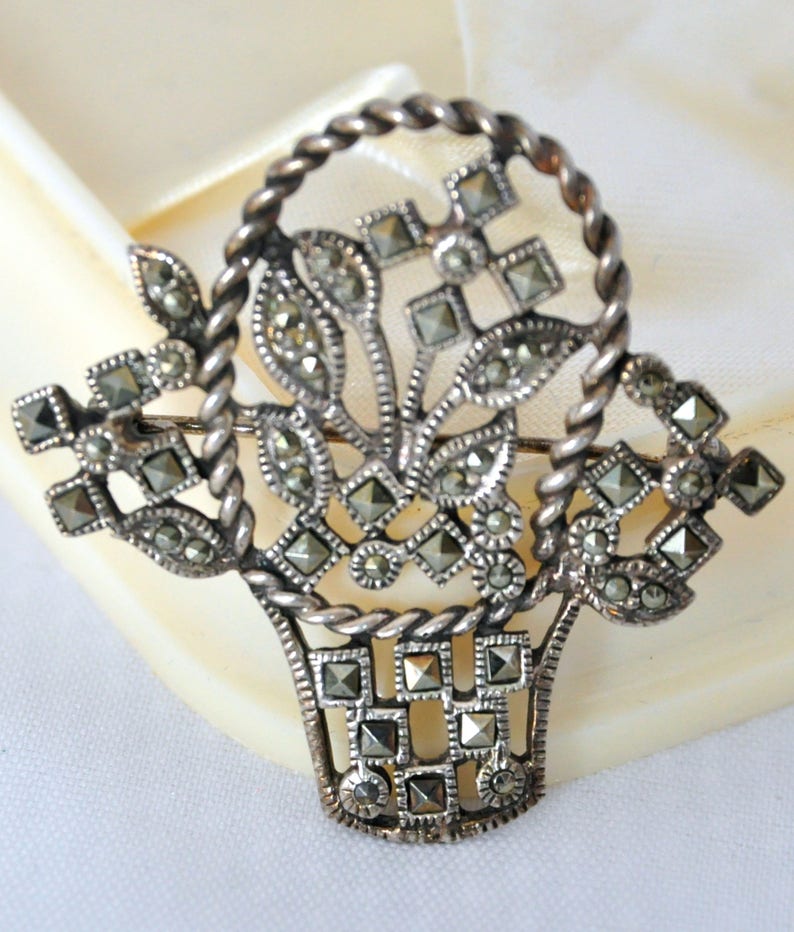 Vintage Sterling Silver Marcasite Flower Basket Brooch Beautiful Floral Design