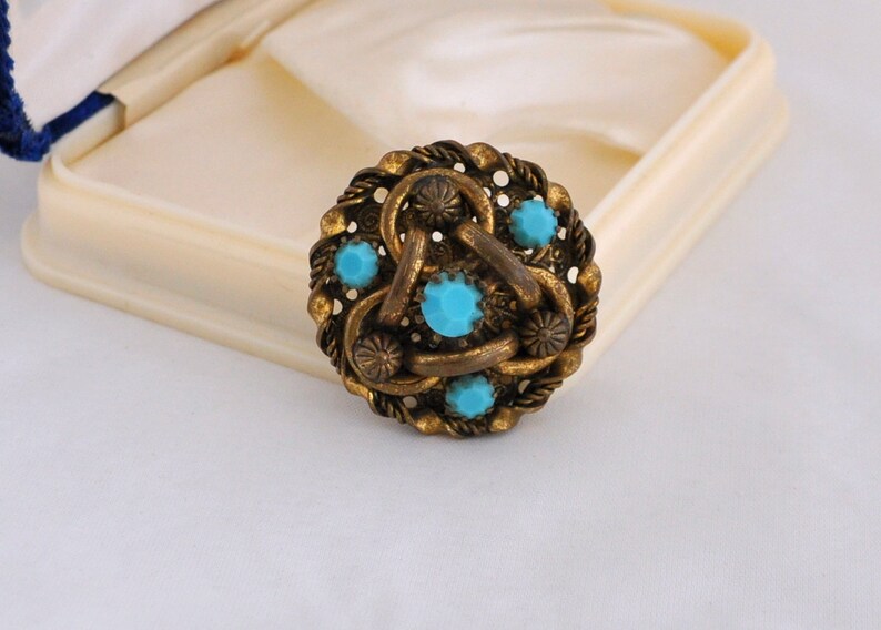 Vintage Victorian Revival Brass and Blue Turquoise Glass Intricate Brooch Regal
