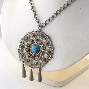 Vintage 70&#39;s Indian Silver Turquoise Glass Center Medallion Dangle Necklace - Very Cool