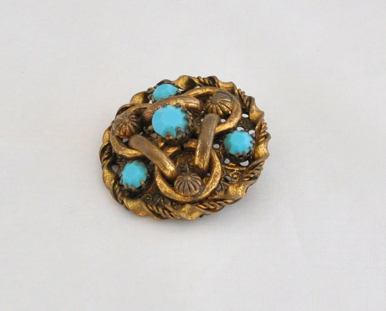 Vintage Victorian Revival Brass and Blue Turquoise Glass Intricate Brooch Regal