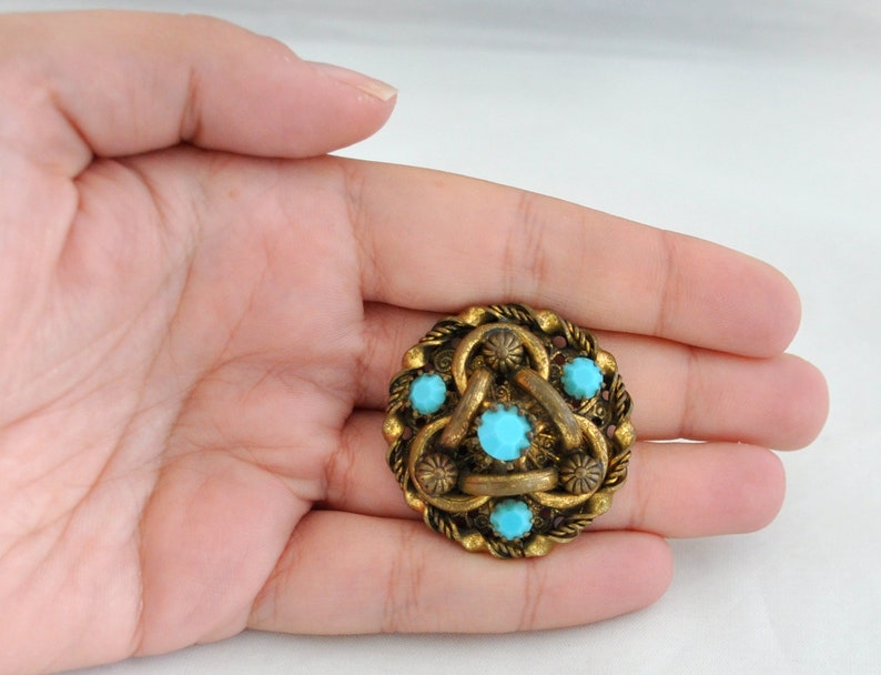 Vintage Victorian Revival Brass and Blue Turquoise Glass Intricate Brooch Regal