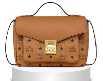 MCM Tracy Satchel Cognac Visetos Leder Designer Schulter Crossbody Bag mit goldfarbener Hardware