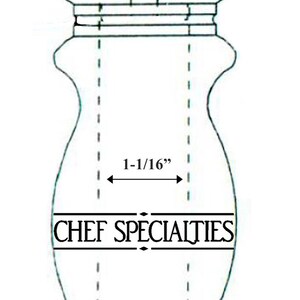 May include: A white ceramic salt and pepper shaker set with a black band and the text "CHEF SPECIALTIES". The shaker is 1-5/8 inches wide and 1-1/16 inches tall.