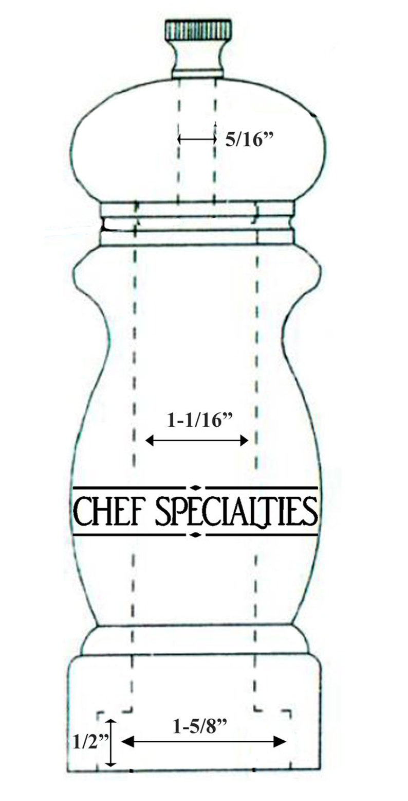 May include: A white ceramic salt and pepper shaker set with a black band and the text "CHEF SPECIALTIES". The shaker is 1-5/8 inches wide and 1-1/16 inches tall.
