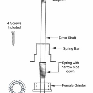 May include: Diagram of a grinder with parts labeled: Top Knob, Turnplate, Drive Shaft, Spring Bar, Spring with narrow side down, Female Grinder, Male Grinder, Retainer Bar. 4 Screws Included.