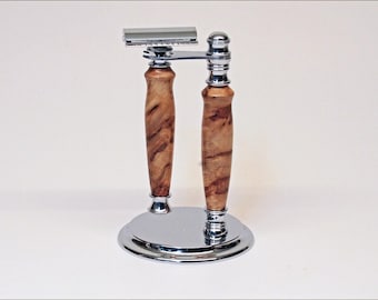 Maple Burl 2-PC razor with stand for Double Edge Safety blades Bright Chrome Finish.