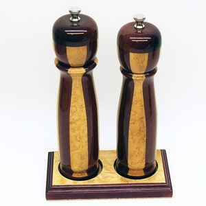 Pepper and Salt Mill Centerpiece Set made with Purple Heart and exotic Birds-eye Maple and high quality USA Stainless-S and Ceramic grinders